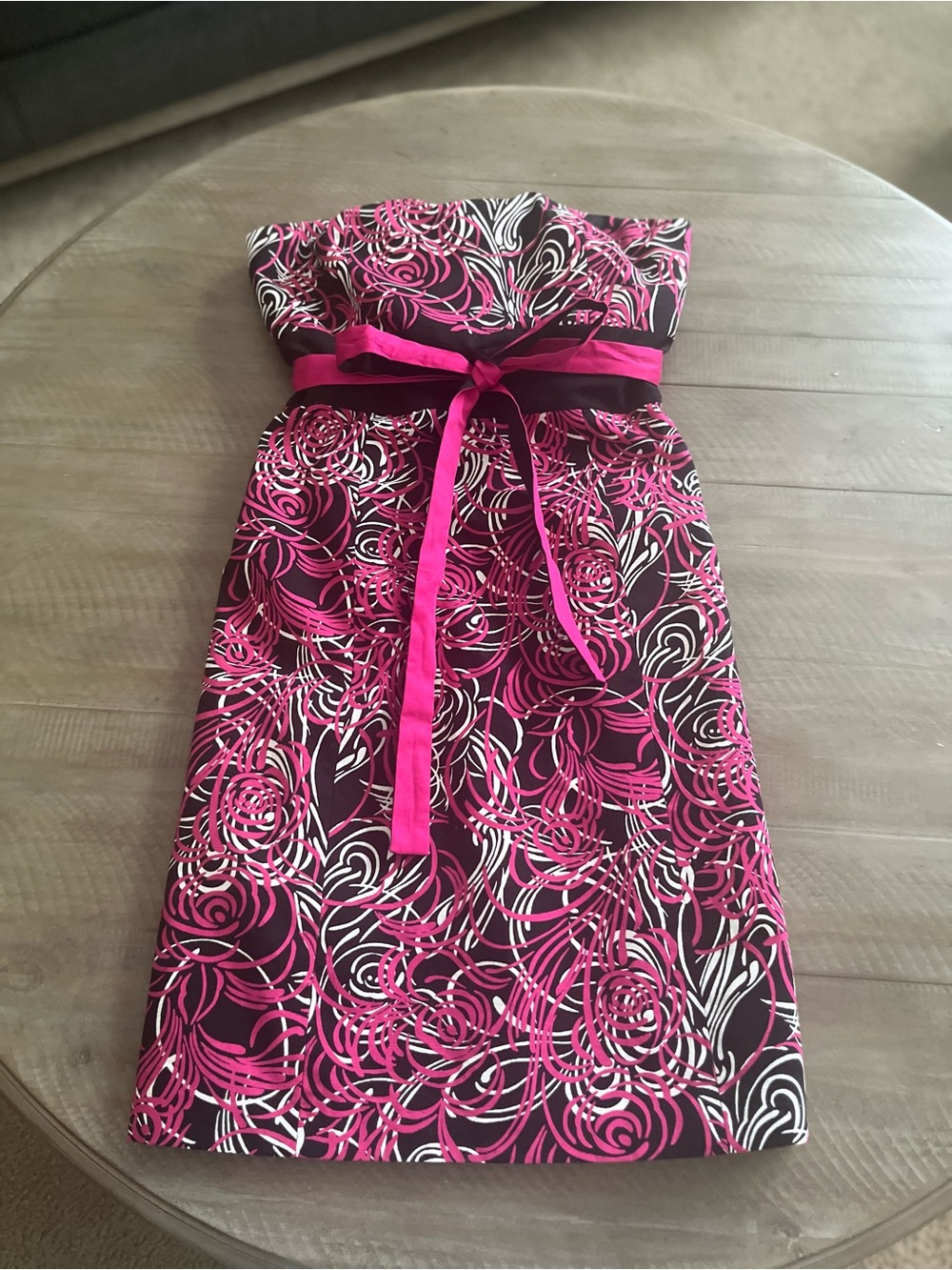 LOFT  Black Strapless Cocktail Dress with Hot Pink & White Swirl Print